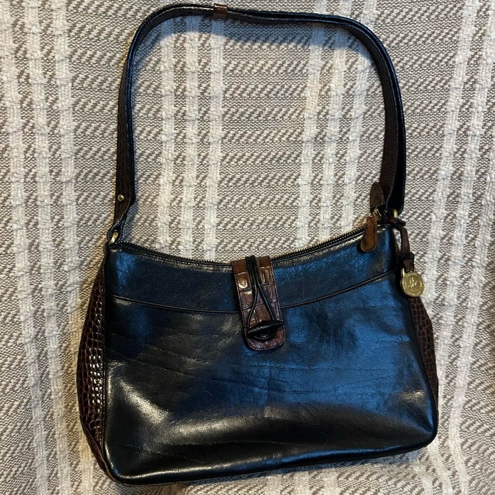 Vintage Brahmin Black Brown Leather Croc Embossed Shoulder Bag Crossbody